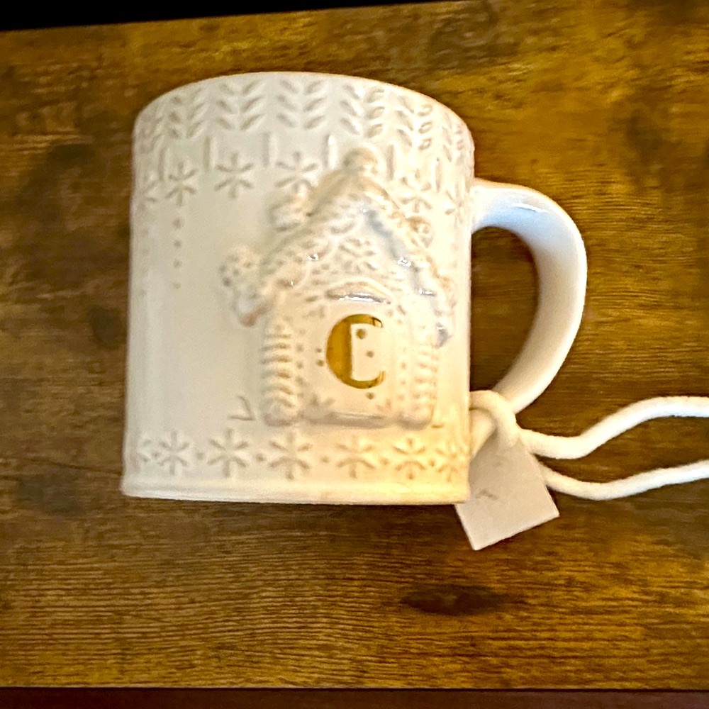 Anthropologie Cream Embossed Ceramic Mug
